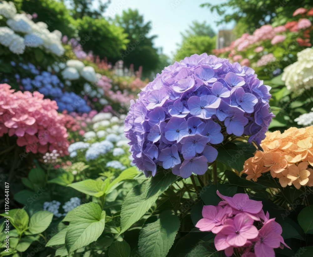 Hydrangea blooms in garden amidst colorful flowers, bouquet, nature Hydrangea blooms in garden amidst colorful flowers, bouquet, nature
