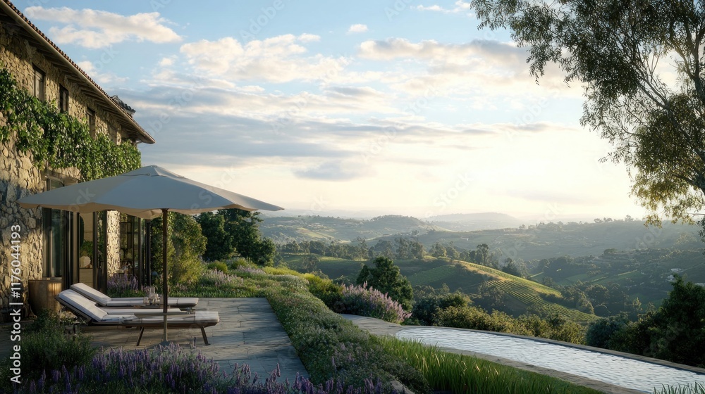 Fototapeta premium Stone house patio with pool overlooking vineyard hills at sunset.