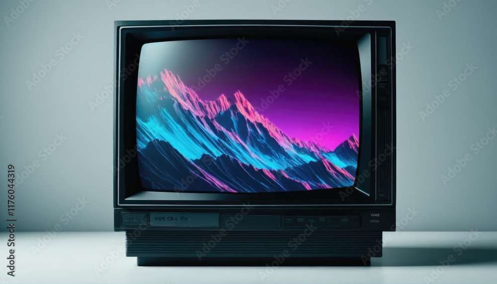 Fototapeta premium Retro television displays vibrant mountainscape in colorful neon hues against a minimalist backdrop