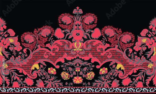 A decorative Geometrical design with floral embellishments, balanced with precise geometric detailing for sophisticated wallpapers and artistic wrapping paper.