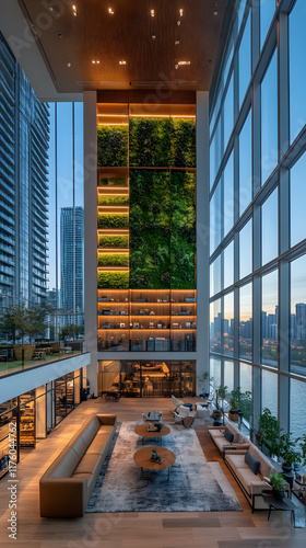 Luxurious hotel lobby with a stunning vertical garden, modern furniture, and large windows offering a city view.