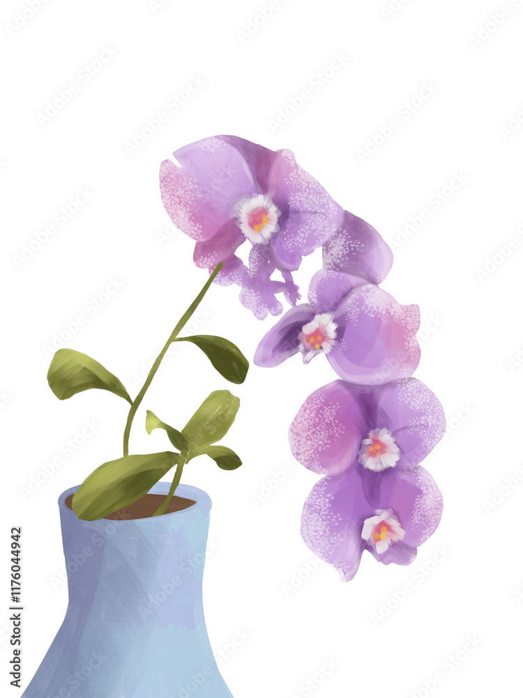 Obraz premium Hand drawn watercolor of purple orchids in vase with transparent background