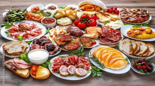 A vibrant spread of various dishes and appetizers on a table.