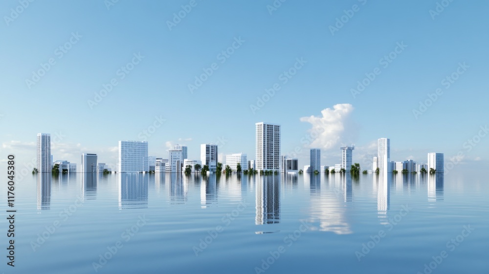 A modern city skyline reflected in calm water under a blue sky. A modern city skyline reflected in calm water under a blue sky.