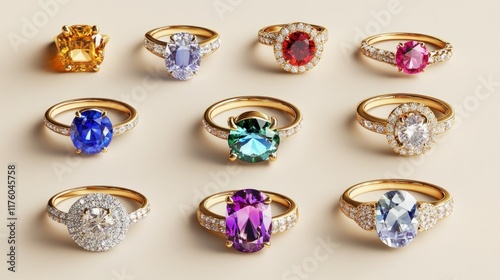 Ten gold rings with various gemstones. photo