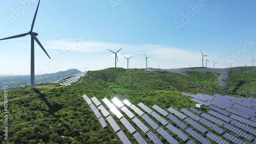 solar and wind power station on mountain
