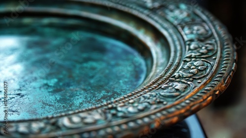 Etruscan bronze mirror, ornate designs with oxidation marks, ancient shine 