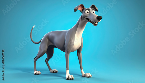 Whimsical animated greyhound character standing on a bright blue background with an expressive smile