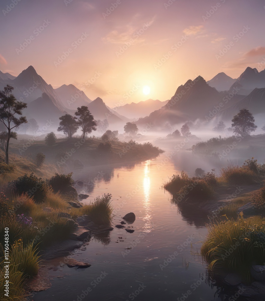 Fototapeta premium Softly glowing mist envelops a serene landscape at dawn, serene landscape, dawn light