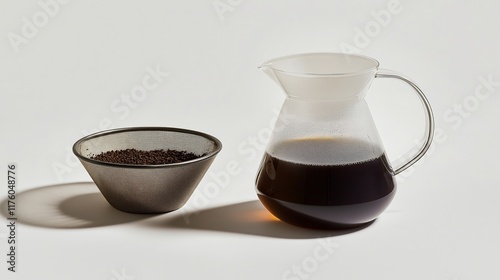 Glass carafe with freshly brewed drip coffee next to a metal filter basket containing used coffee grounds, set against a clean white background with soft shadows