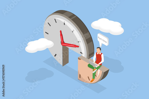 3D Isometric Flat Vector Illustration of Part-time Job, Businessman Manages Split Time Clock