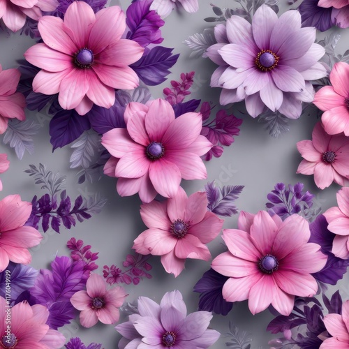 Vibrant floral patterns in shades of pink and purple on a pale gray background ,  purple,  gray