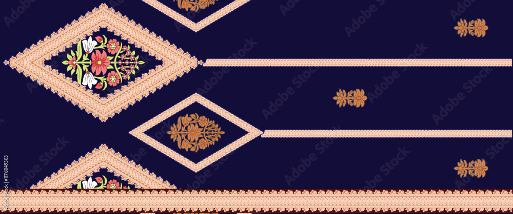 A decorative Geometrical design with floral embellishments, balanced with precise geometric detailing for sophisticated wallpapers and artistic wrapping paper.