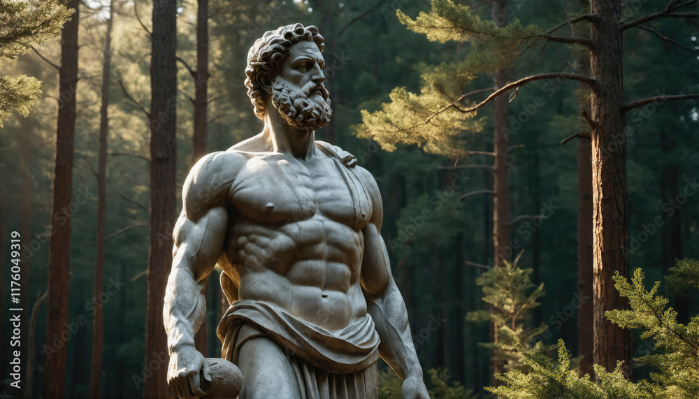 Muscular statue of a mythological figure standing in a dense forest during golden hour Muscular statue of a mythological figure standing in a dense forest during golden hour
