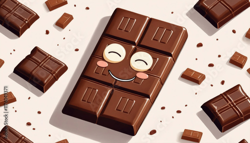 Chocolate bar with a smiling face surrounded by pieces of dark chocolate on a light background