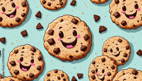 Happy chocolate chip cookies on a bright blue background create a playful and cheerful atmosphere