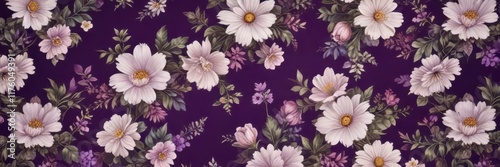 Vintage-inspired floral pattern on a rich purple background ,  foliage,  elegant