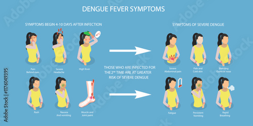 3D Isometric Flat Vector Illustration of Dengue Fever Symptoms, DENV, Prevention and Treatment