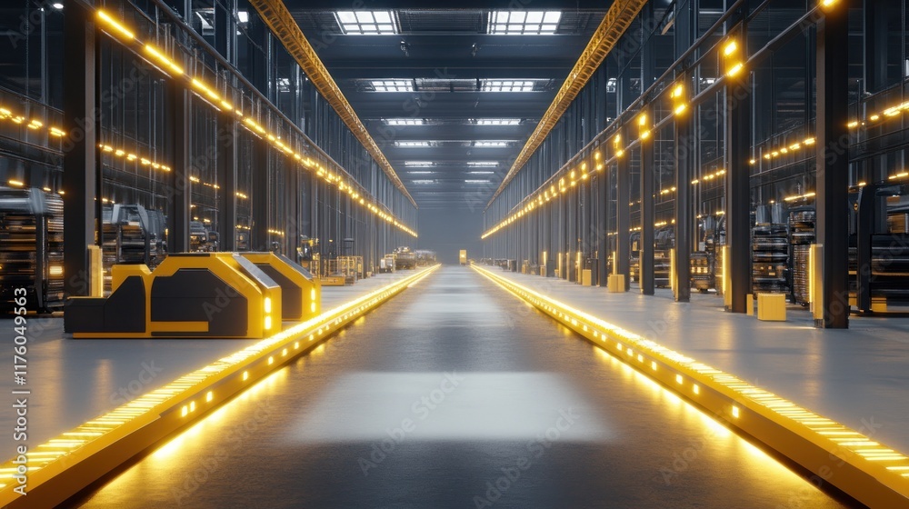 Futuristic robotic assembly line, AI-driven stock management, glowing factory lights, clean modern design Futuristic robotic assembly line, AI-driven stock management, glowing factory lights, clean modern design