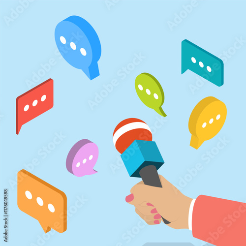 3D Isometric Flat Vector Illustration of Official Announcement From The Press, Interview Speech, Mass Media Event