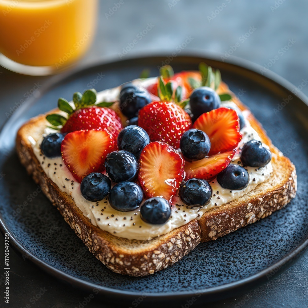 A crispy toast smeared with cream cheese, topped with fresh blueberries, strawberries, and a drizzle of honey, paired with a glass of freshly squeezed orange juice A crispy toast smeared with cream cheese, topped with fresh blueberries, strawberries, and a drizzle of honey, paired with a glass of freshly squeezed orange juice