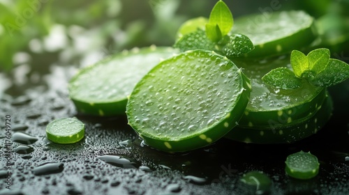 Fresh aloe vera slices with mint leaves on a dark surface, glistening with water droplets.