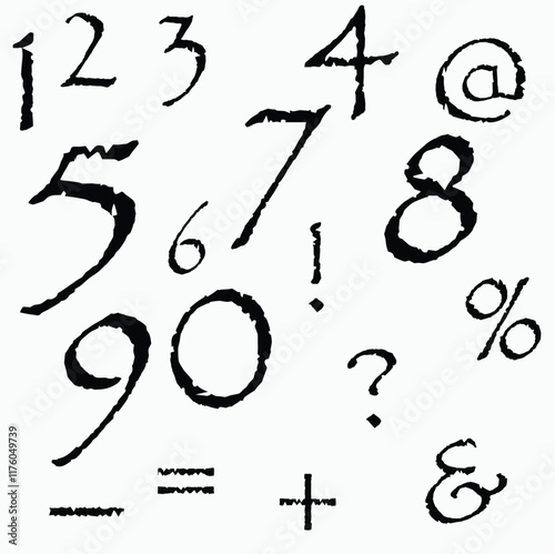 Hand written calligraphy alphabet black ink brush lettering, numbers and punctuation marks, grunge font style with ink splashes. Vector,v.eps