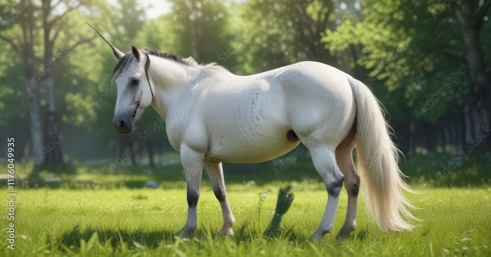 White unicorn mare with shiny black mane and flowing tail grazing in a green meadow, pasture, fantasy White unicorn mare with shiny black mane and flowing tail grazing in a green meadow, pasture, fantasy