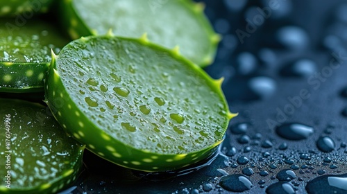 Fresh aloe vera slices with water droplets on a dark surface.
