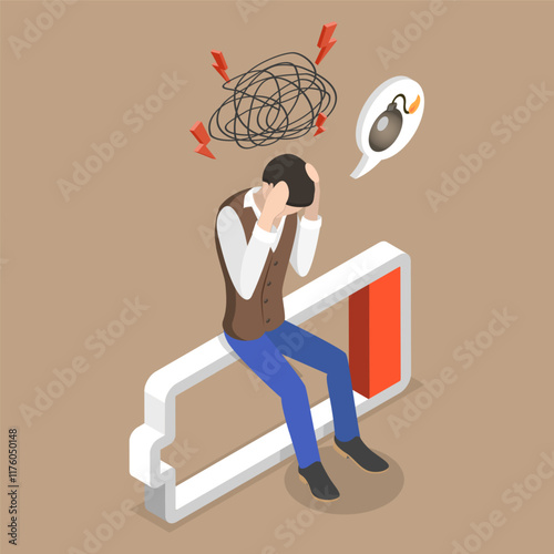 3D Isometric Flat Vector Illustration of Mental Breakdown, Bad Experiences and Subconscious Fears
