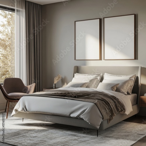 A bed with a white comforter and a brown blanket