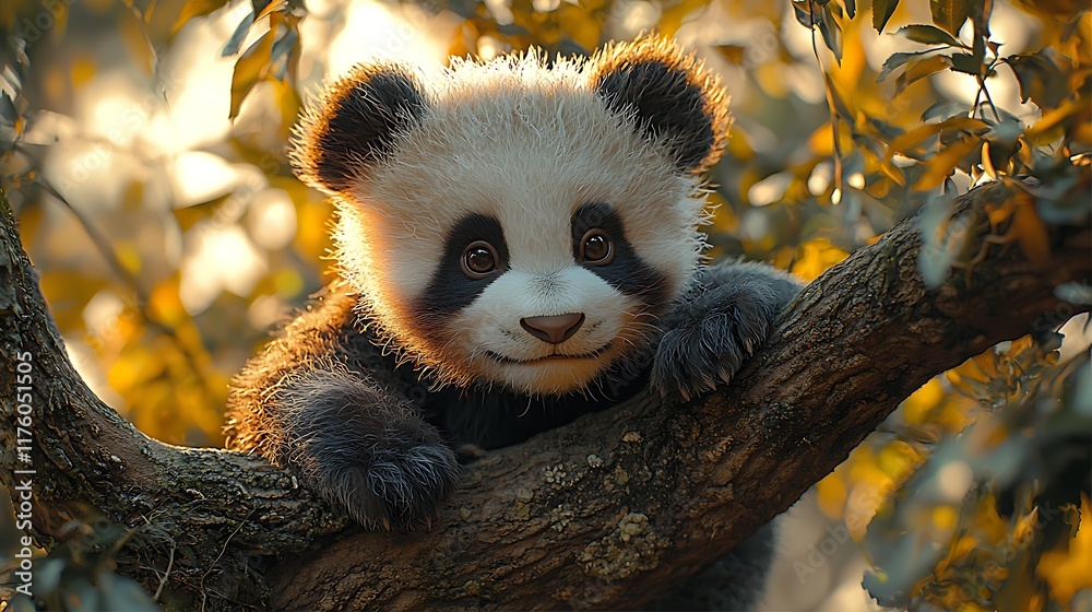Obraz premium Cute panda cub on branch, golden hour, nature background, adorable wildlife, perfect for children's book, or nature lovers, digital art