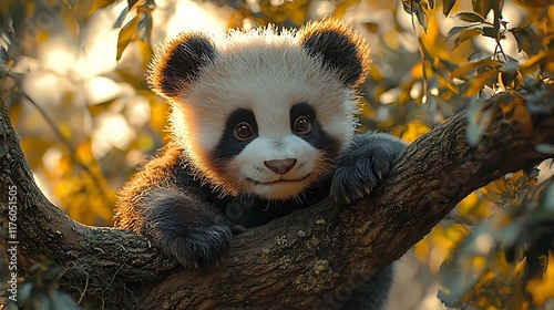 Cute panda cub on branch, golden hour, nature background, adorable wildlife, perfect for children's book, or nature lovers, digital art photo