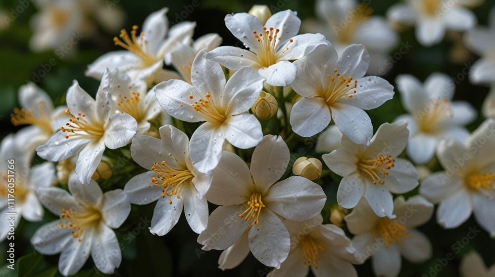 Close-up of delicate white flowers with orange centers, clustered together. Close-up of delicate white flowers with orange centers, clustered together.