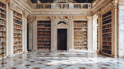 Elegant library interior, sunlit, classic architecture, possible use for book store ad
