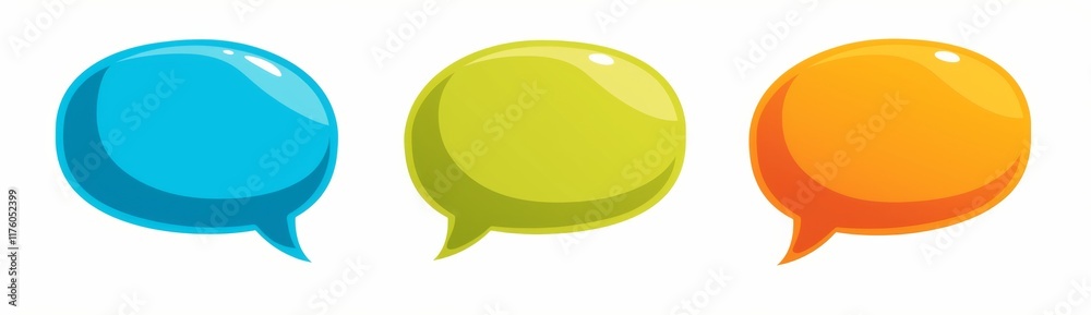 Three Flat-Style Speech Bubbles in Blue, Green, and Orange, Representing Communication via Text Messages. Three Flat-Style Speech Bubbles in Blue, Green, and Orange, Representing Communication via Text Messages.