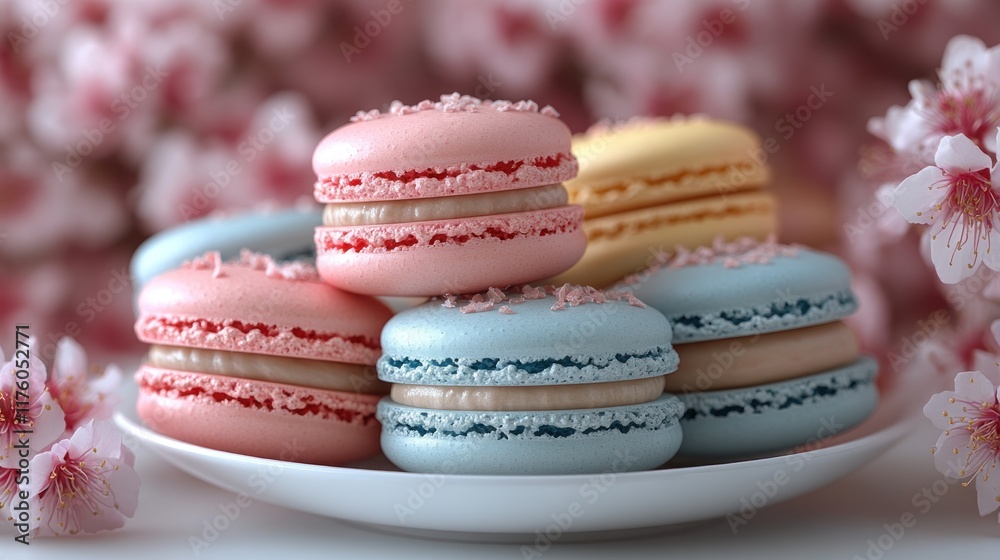 Pastel macarons on plate with cherry blossoms. Pastel macarons on plate with cherry blossoms.