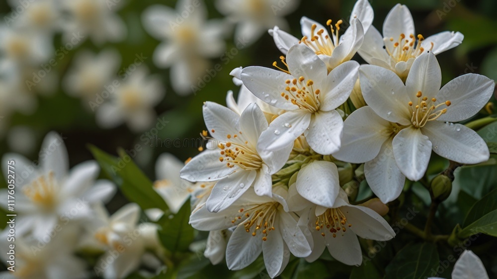 Fototapeta premium Close-up of delicate white flowers with water droplets.