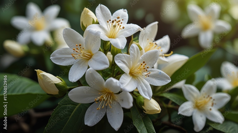 Obraz premium Close-up of delicate white flowers blooming on a green leafy branch.