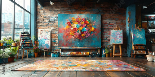 Colorful art studio with large floral painting, easels, and paint supplies.