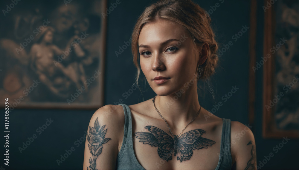 Fototapeta premium Woman with intricate tattoos posing in a dimly lit room adorned with artistic paintings