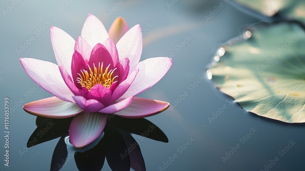 A vibrant pink lotus flower floating on calm water. A vibrant pink lotus flower floating on calm water.
