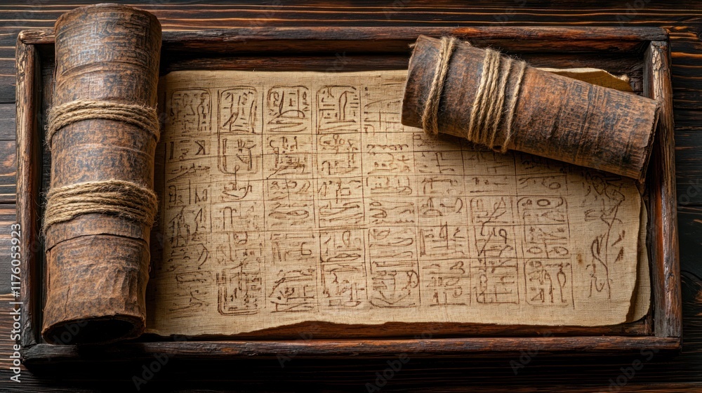 Egyptian papyrus scroll with faded hieroglyphics, textured paper, ancient ink marks Egyptian papyrus scroll with faded hieroglyphics, textured paper, ancient ink marks