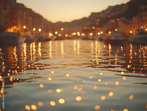 Wallpaper Mural Calm water reflecting golden sunset lights over harbor, boats, and buildings. Torontodigital.ca