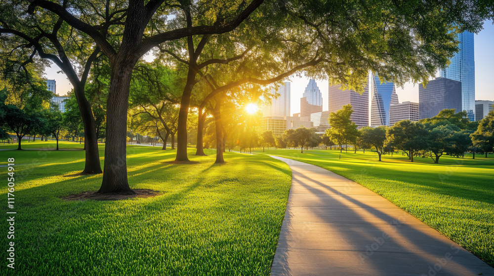 Obraz premium Scenic Park in Texas with Shaded Walking Paths, Tall Trees, Bright Green Grass, Texas Sunset, and Contemporary City Buildings in the Distance