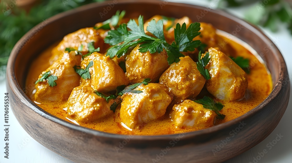 Close-up of a bowl of creamy chicken curry garnished with fresh parsley. Close-up of a bowl of creamy chicken curry garnished with fresh parsley.