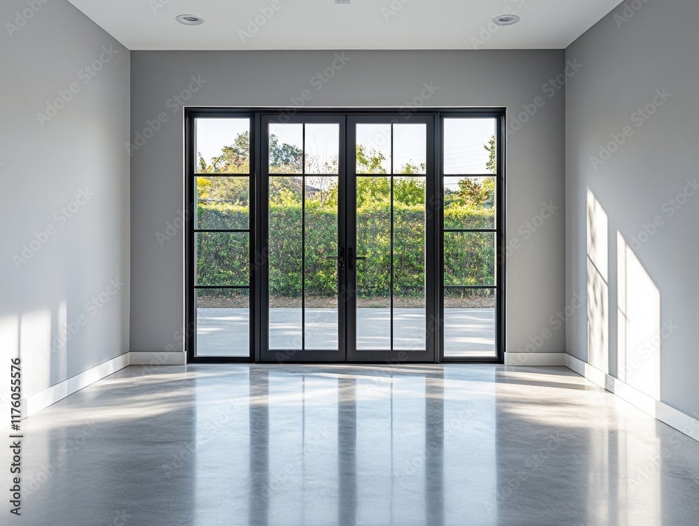 Fototapeta premium A large room with a black door and windows