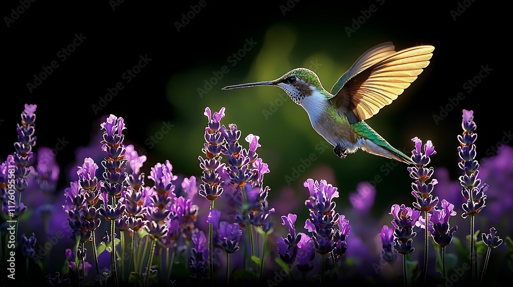 Fototapeta premium Hummingbird hovering over lavender, garden background, nature photography, for websites.