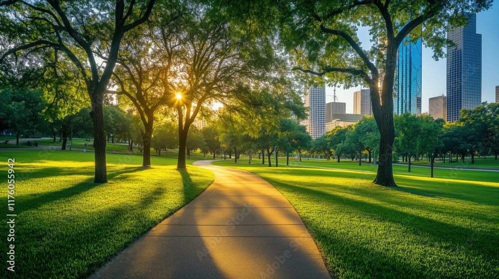 Scenic Park in Texas with Shaded Walking Paths, Tall Trees, Bright Green Grass, Texas Sunset, and Contemporary City Buildings in the Distance Scenic Park in Texas with Shaded Walking Paths, Tall Trees, Bright Green Grass, Texas Sunset, and Contemporary City Buildings in the Distance