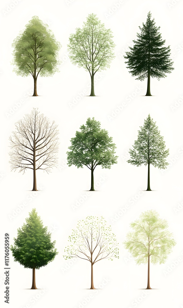 Fototapeta premium set 6 tree isolated on a white background,Image clean simple background,generation AI